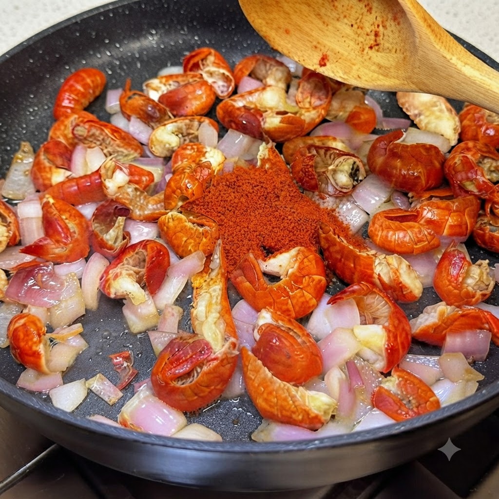 Spices and chili paste piled on top of crawfish and onions in a pan, with a wooden spoon nearby.