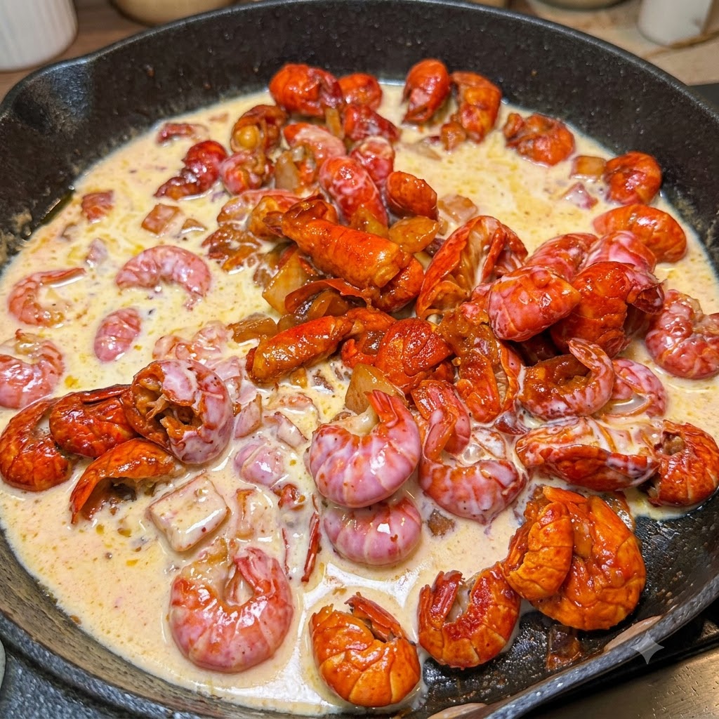 Creamy sauce mixture surrounding the crawfish tails in a skillet.