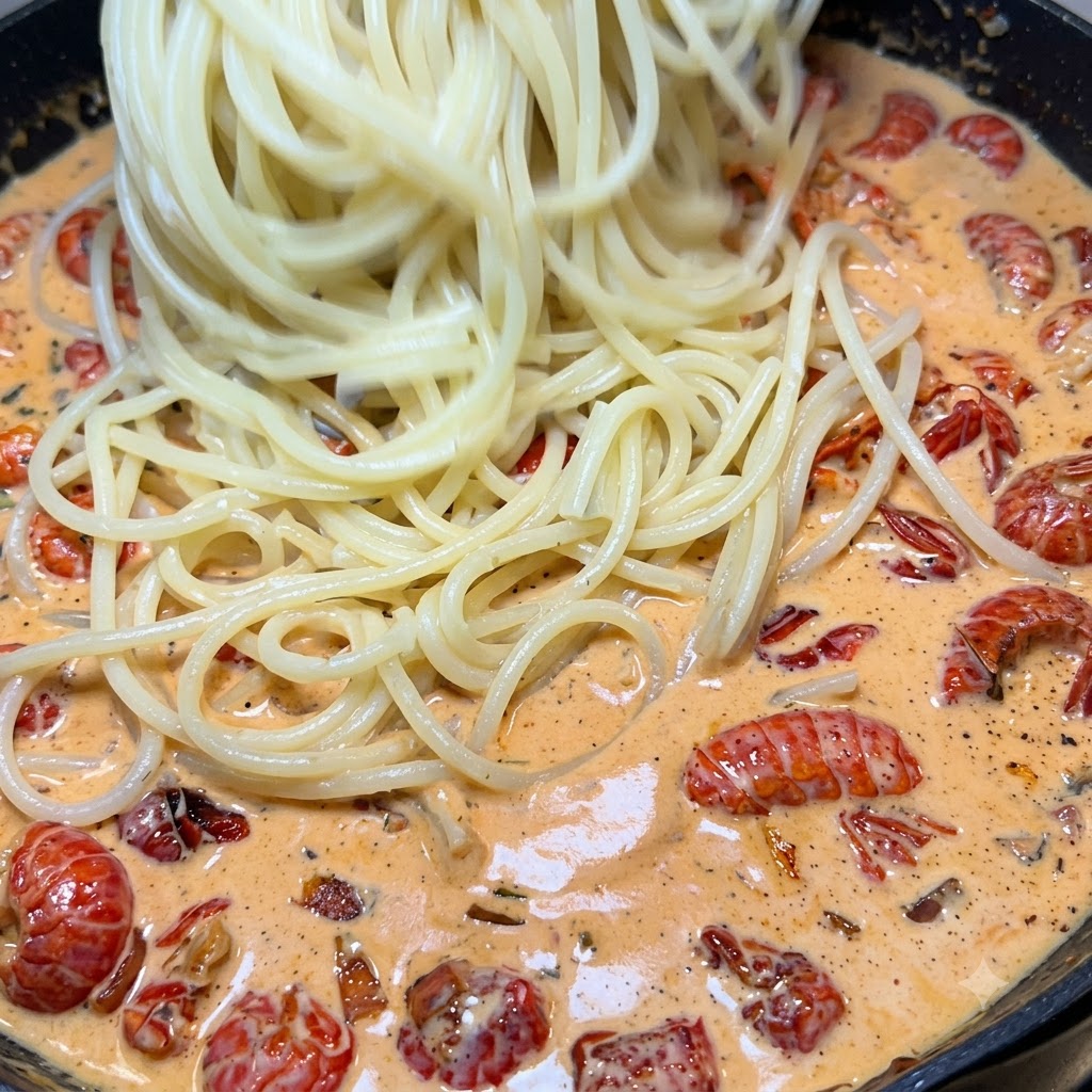 Spaghetti noodles being dropped into a pan filled with creamy crawfish sauce.