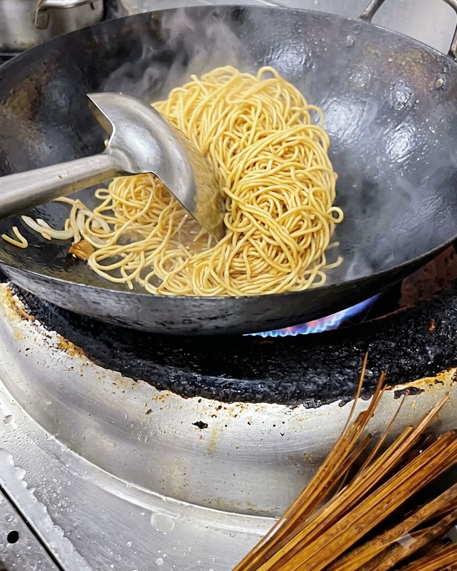 Boiled yellow noodles being tossed in a large metal wok with a ladle.