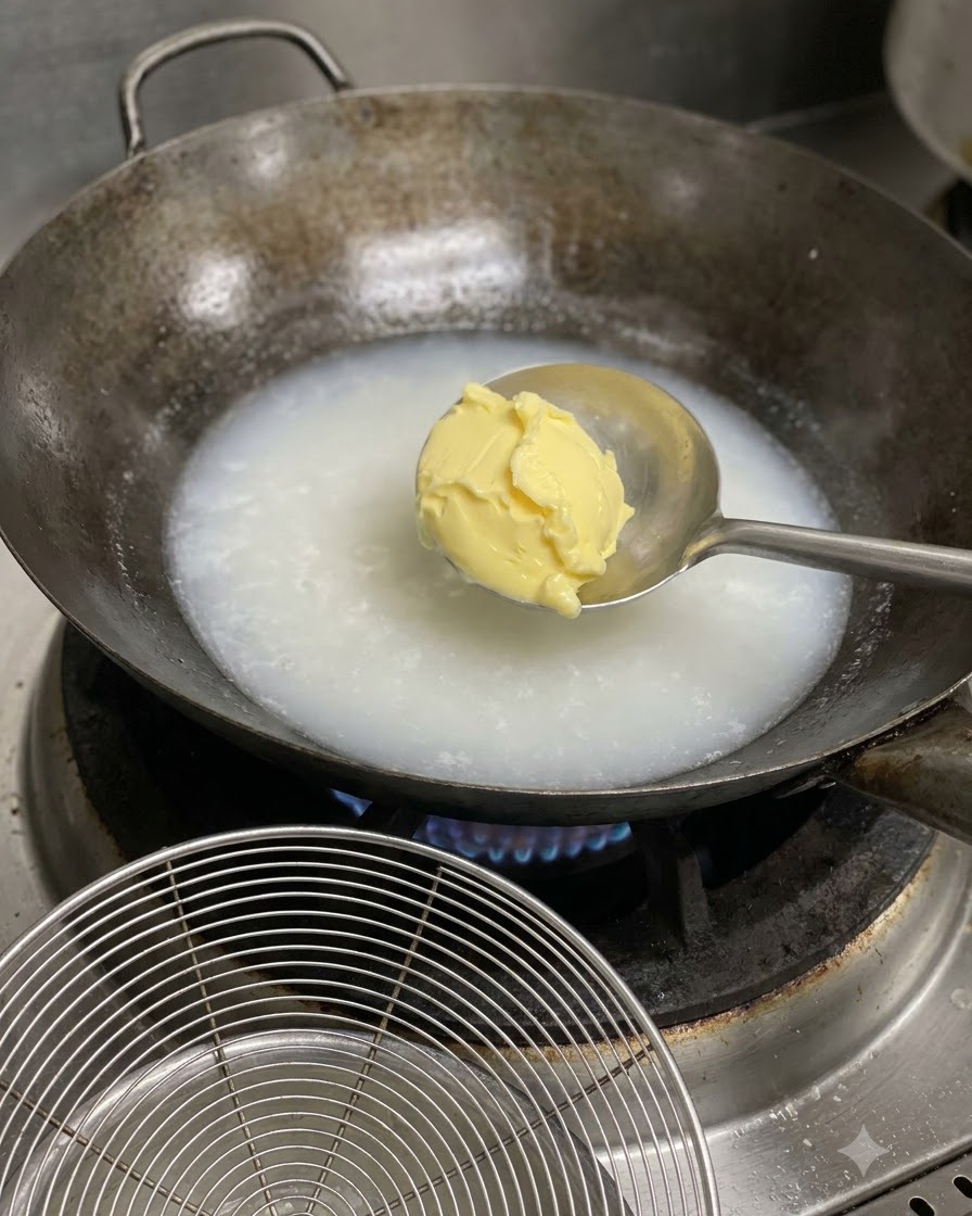 A spoonful of yellow butter or cheese being added to simmering white soup stock in a wok.