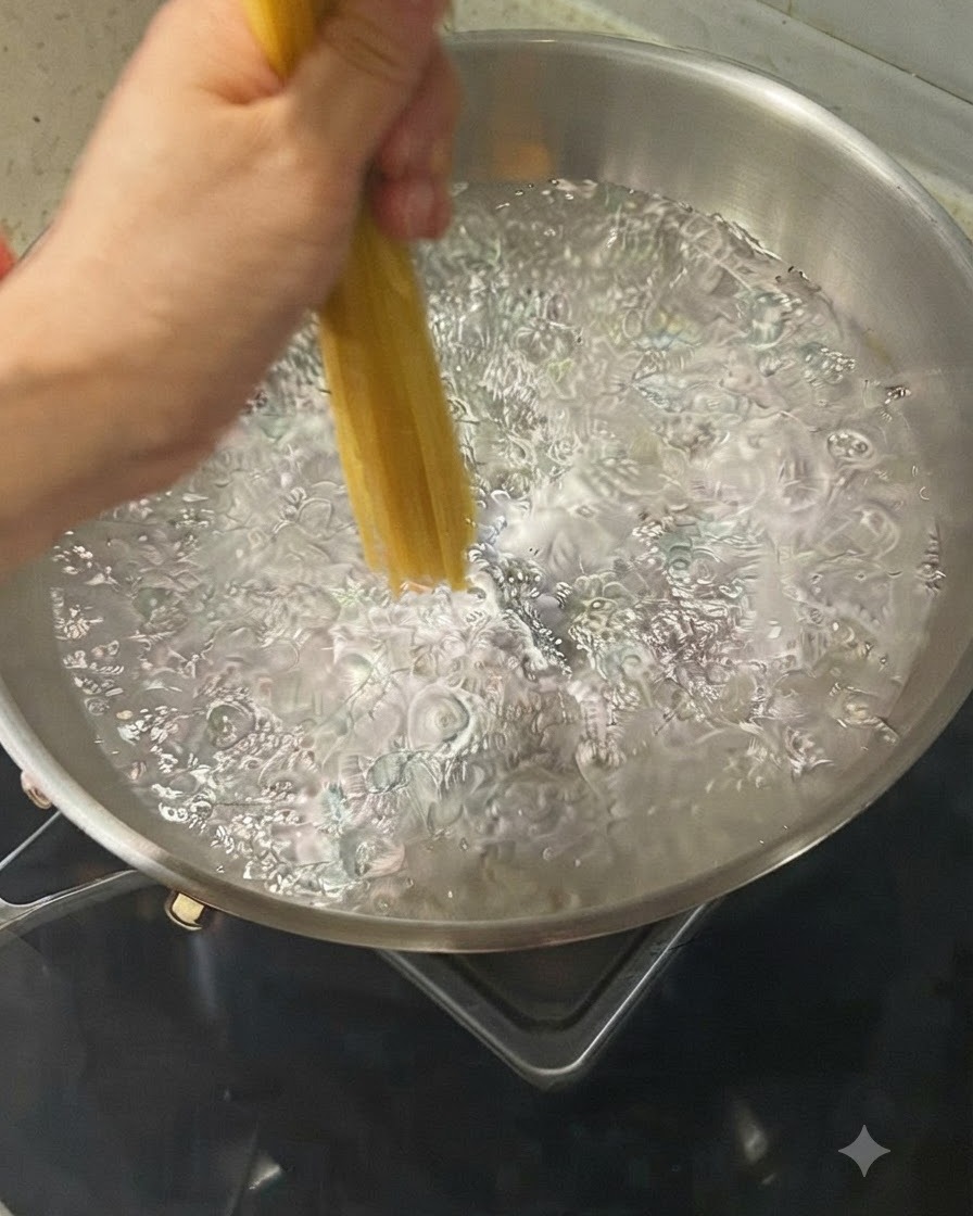 A hand holding and lowering a bundle of spaghetti noodles into a pot of boiling water.