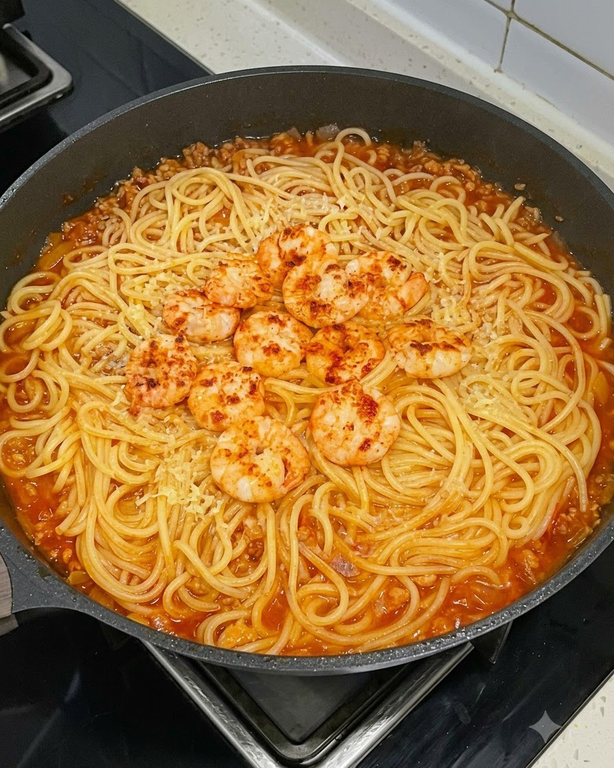A pan of pasta and meat sauce topped with a ring of seasoned, pan-seared shrimp and a light dusting of shredded cheese.