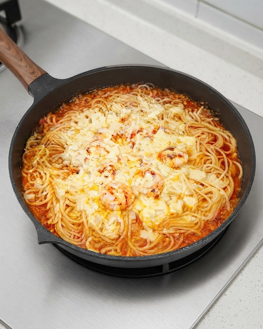 A skillet of pasta and shrimp entirely covered with a thick layer of melted shredded cheese and sprinkled dried herbs.