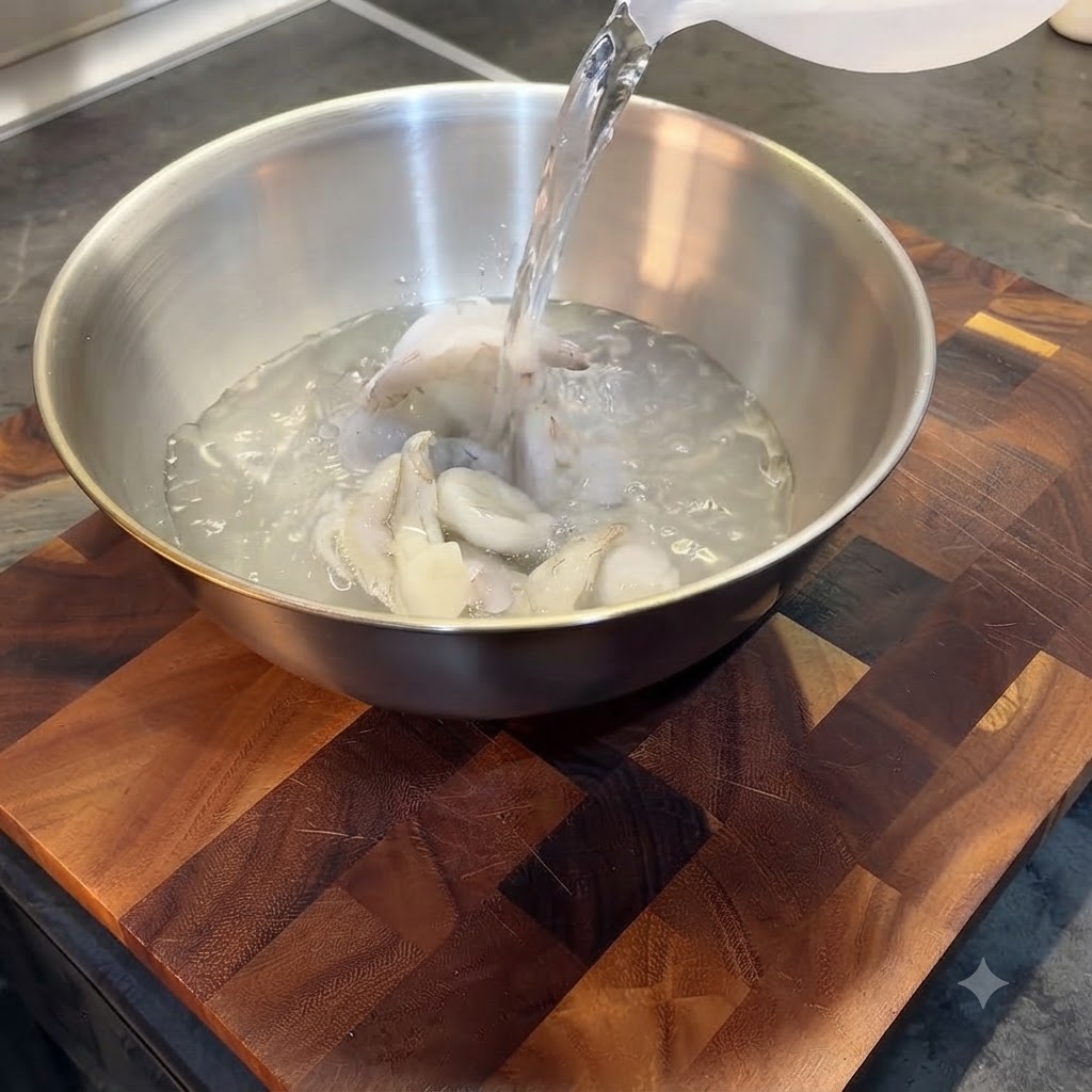 Pouring warm water from a plastic jug over frozen shrimp in a metal bowl.