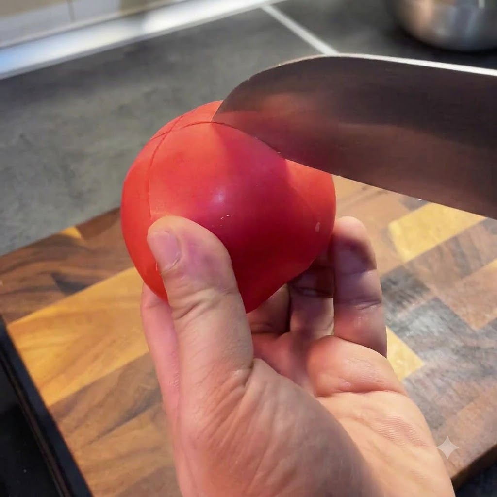A hand using a chefs knife to score an X onto the top of a bright red tomato on a cutting board.