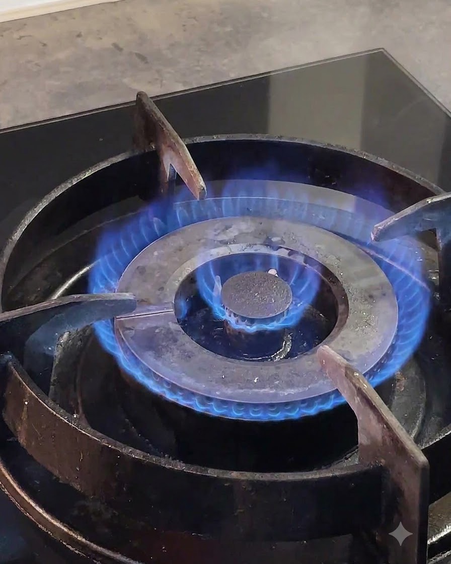 A blue gas stove flame burning intensely under the metal burner grates.