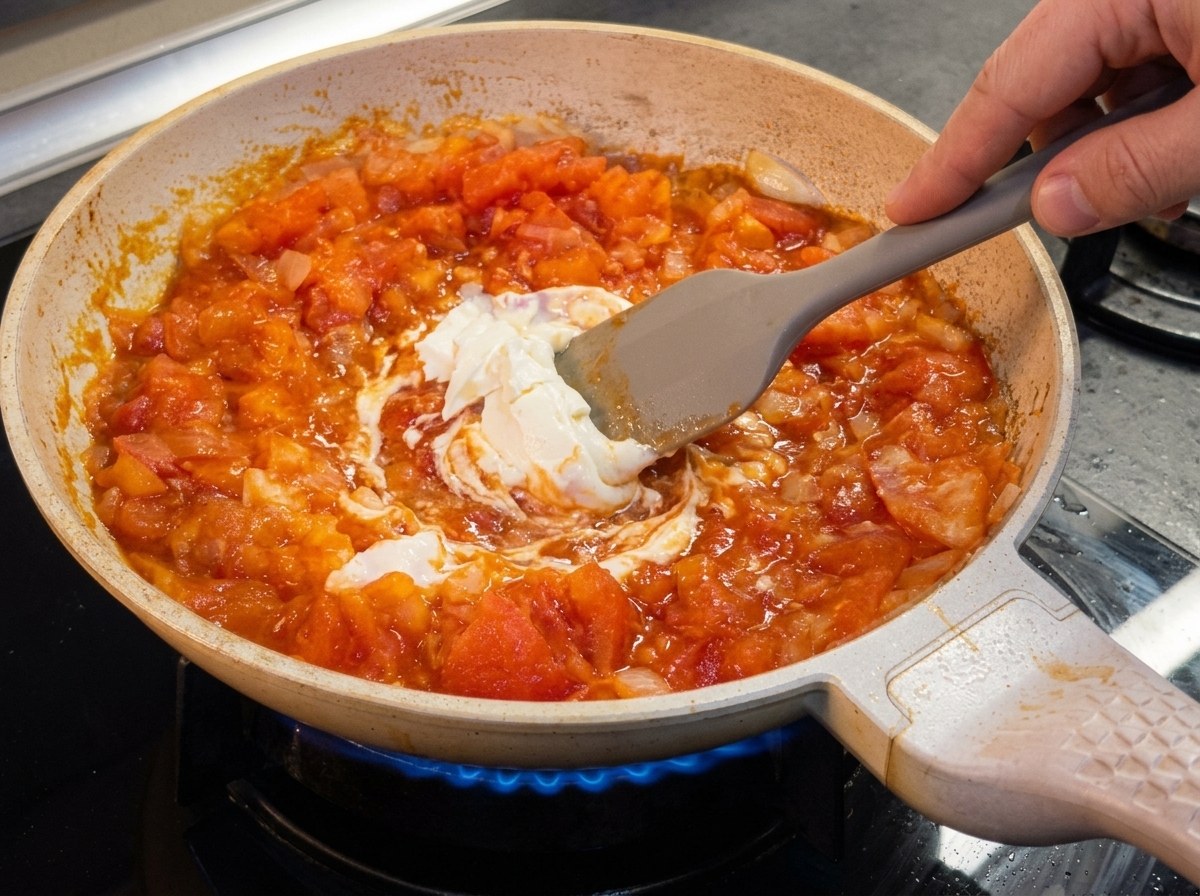A chunk of cream cheese melting into a vibrant simmering tomato and onion sauce inside a pan.