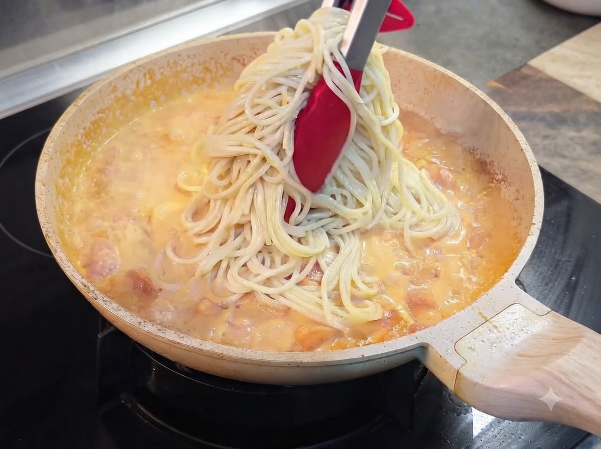 Spaghetti being transferred with tongs from a pot directly into a pan of simmering creamy tomato sauce.