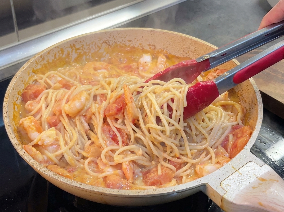 Spaghetti and shrimp being tossed together with tongs in a creamy tomato sauce inside a pan.