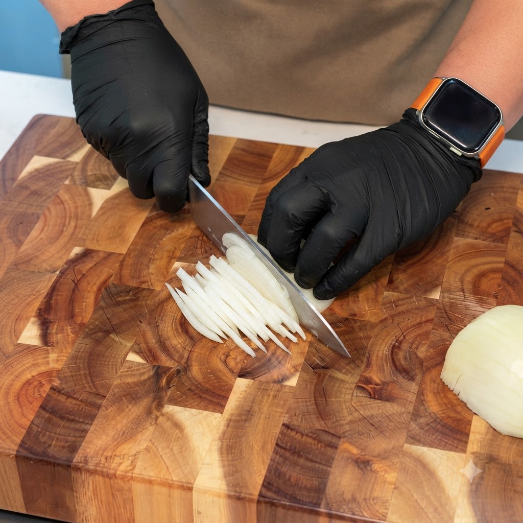 Yellow onions being thinly sliced on a wooden cutting board with a chefs knife.