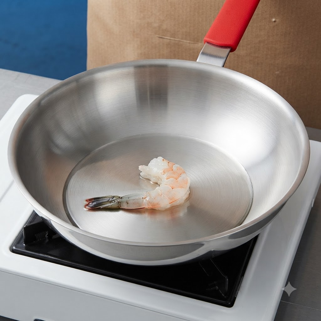 A single marinated raw shrimp searing in a hot stainless steel pan.