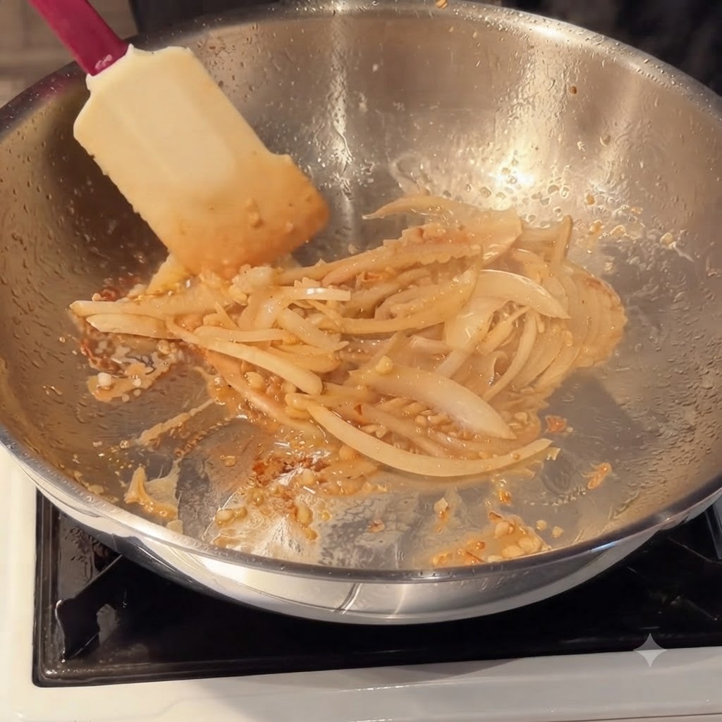 Heavy cream, Korean chili paste, and tomato paste being mixed into a sauce in a pan.