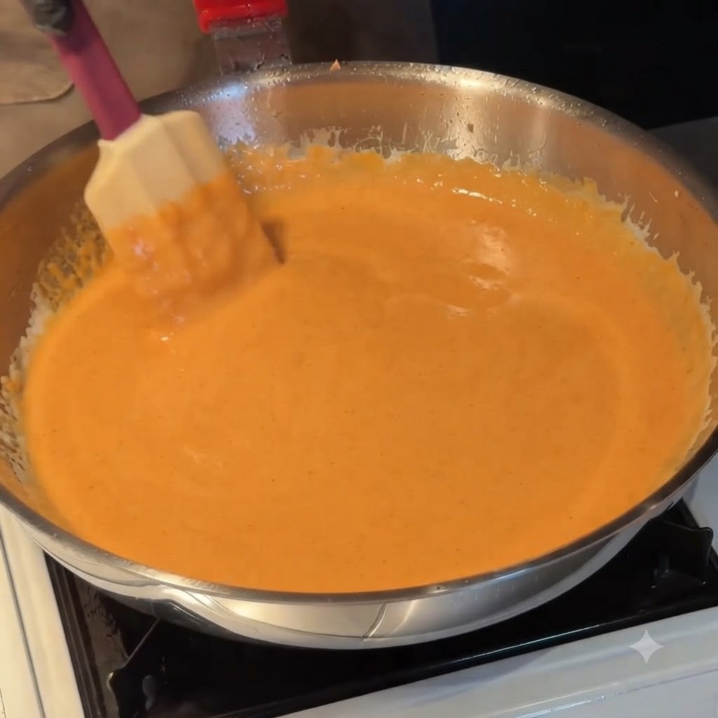 Cooked pasta being folded into a smooth orange cream sauce inside a stainless steel pan using a spatula.