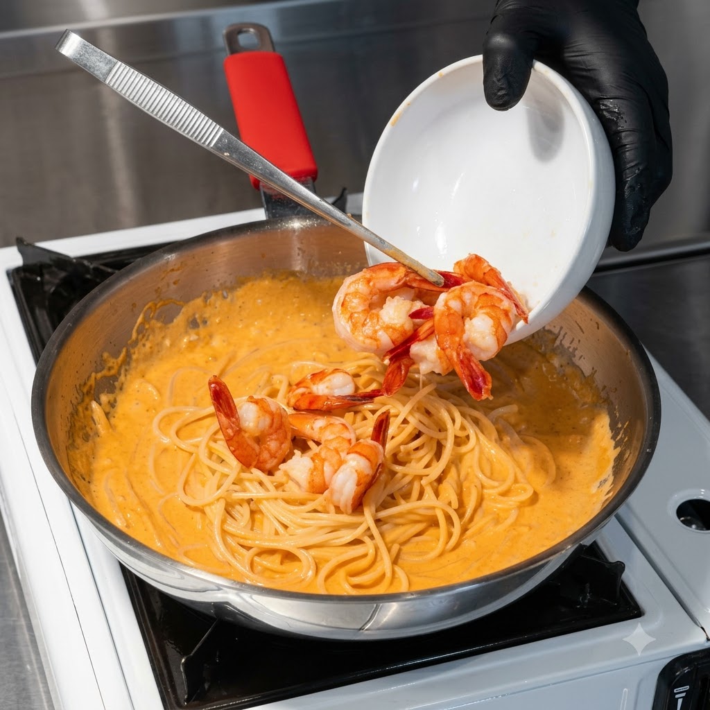 Cooked shrimp being poured from a small white bowl into a pan of creamy Korean pasta.