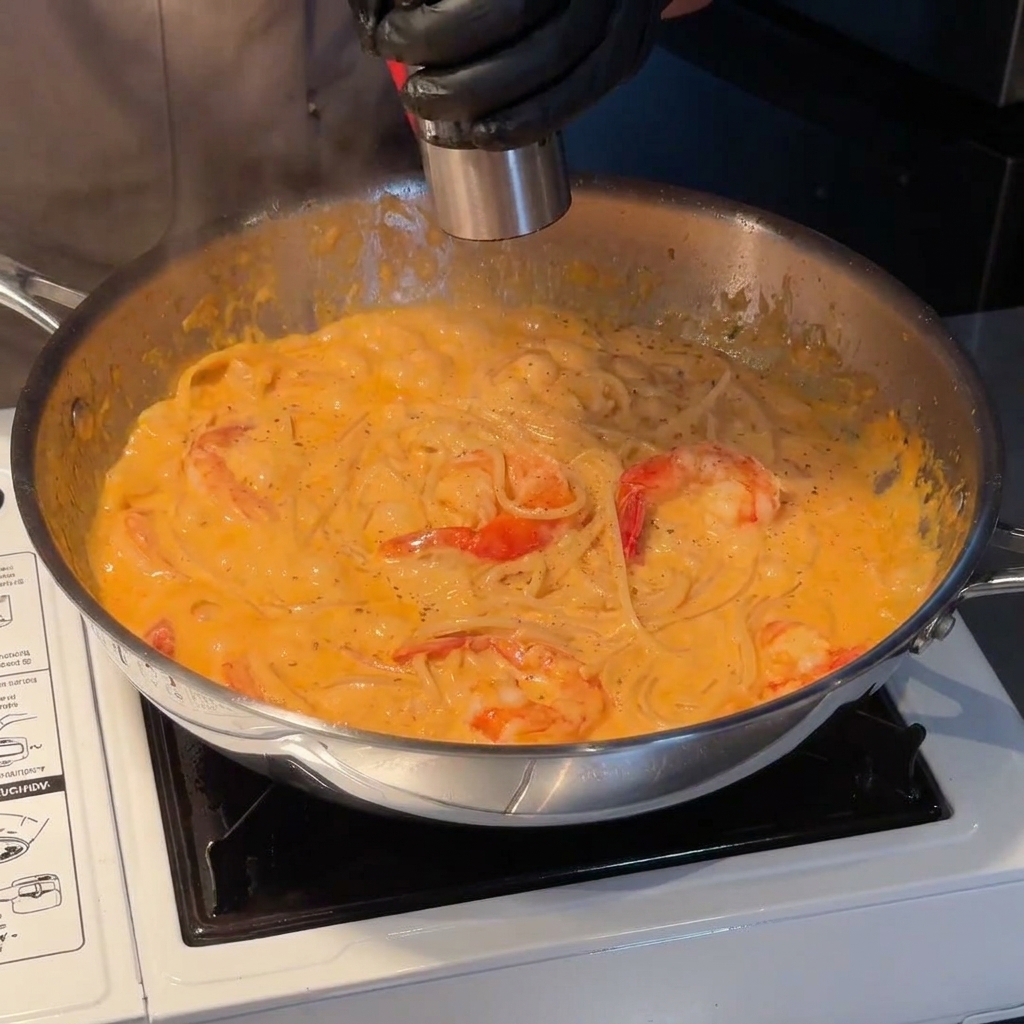 A person using a pepper mill to grind black pepper over the creamy shrimp pasta in a stainless steel pan.