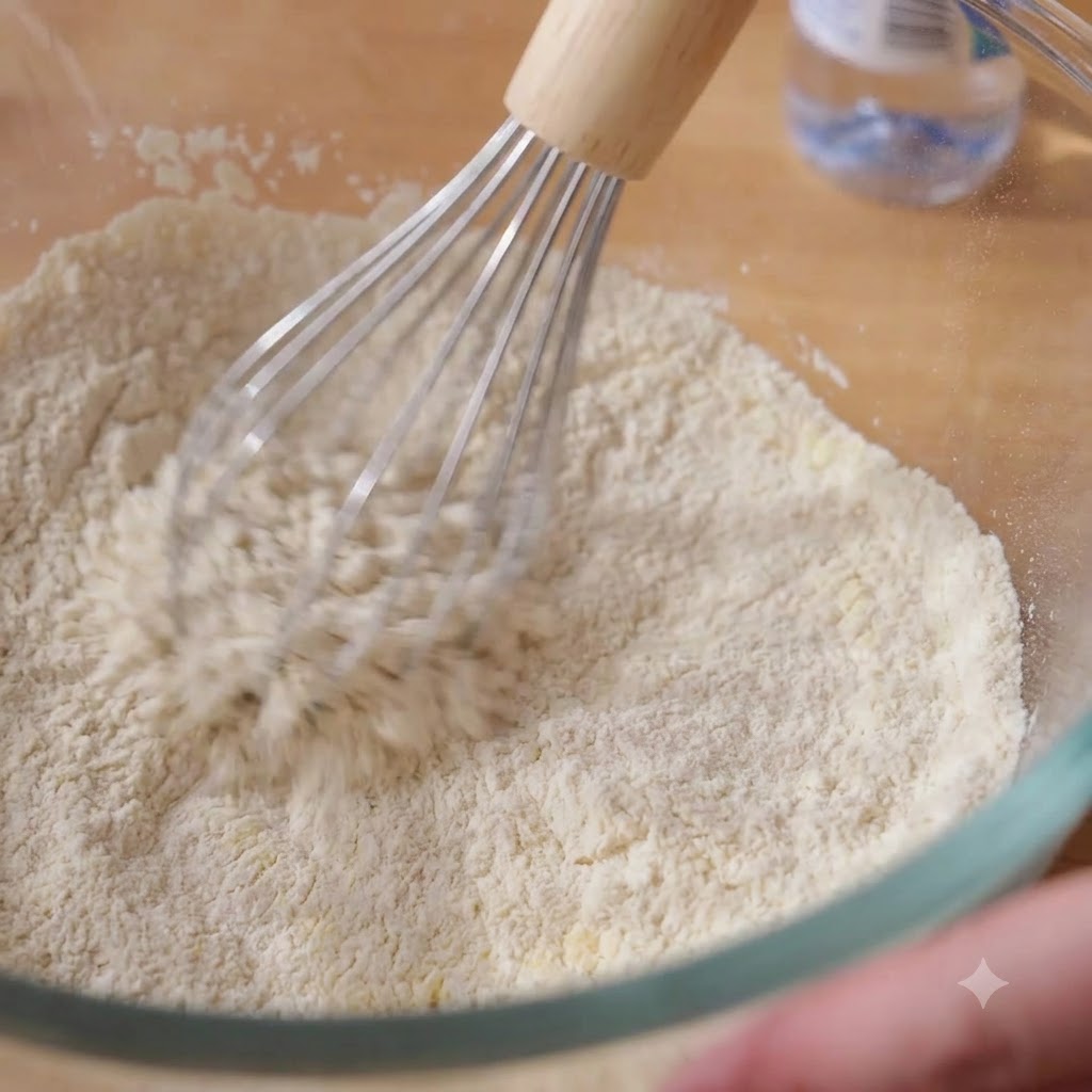 Water being poured from a bottle into the glass bowl filled with dry flour ingredients.