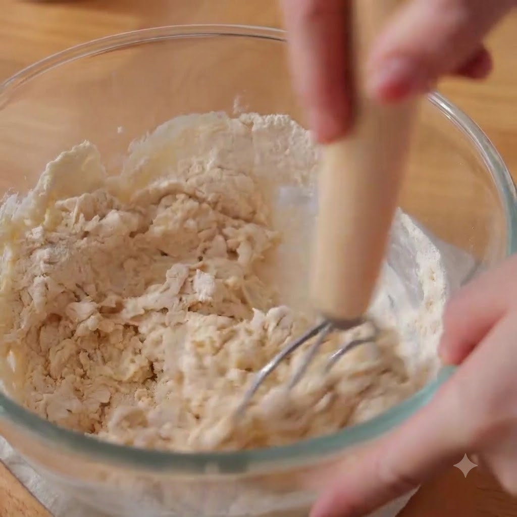 Hands mixing the flour and water mixture inside a glass bowl to form a cohesive dough.