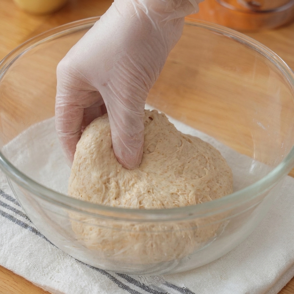 A gloved hand stretching and folding a ball of pizza dough inside a glass bowl resting on a kitchen towel.