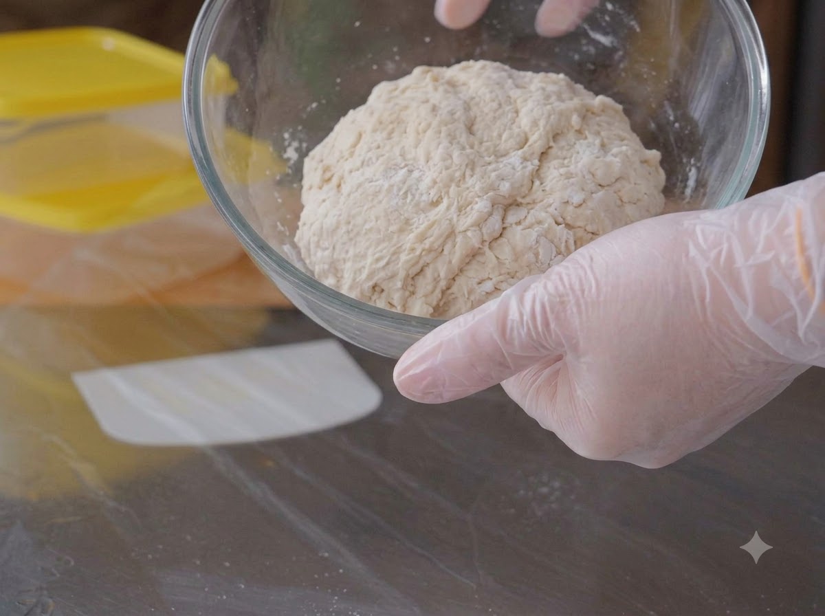 Dough resting in a glass bowl just before being tipped onto a metal countertop.