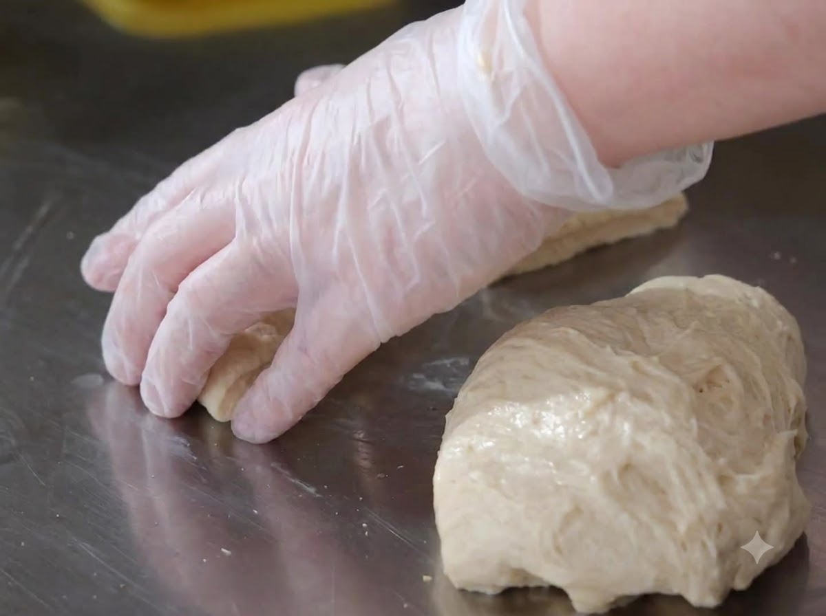 A gloved hand shaping a portion of pizza dough into a smooth round ball on the workbench.