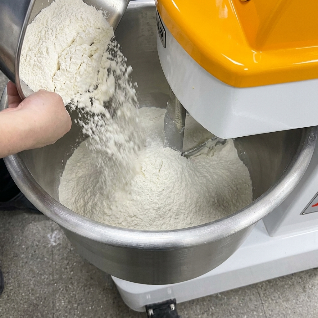 Caputo 00 flour being poured from a steel container into a commercial dough mixer bowl.