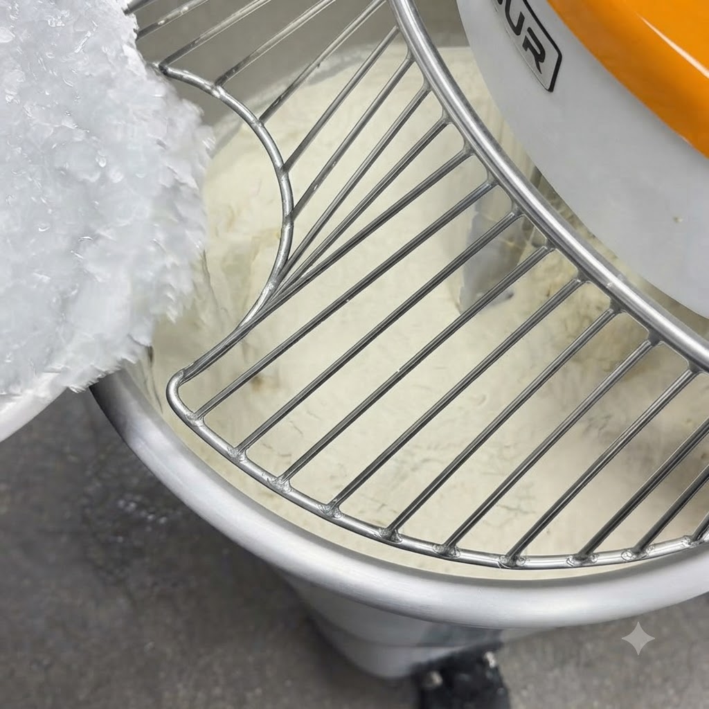 Ice water being poured through the safety guard into the mixer bowl filled with flour.