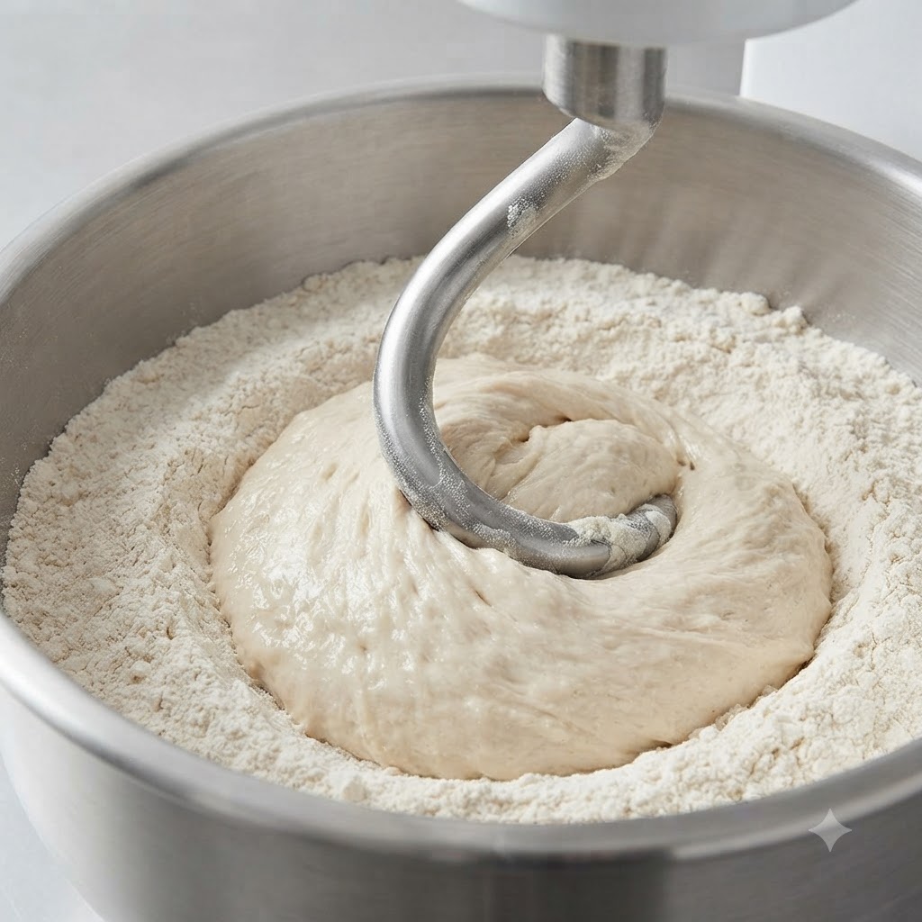 A spiral mixer hook kneading a poolish mixture into the flour inside a large steel bowl.