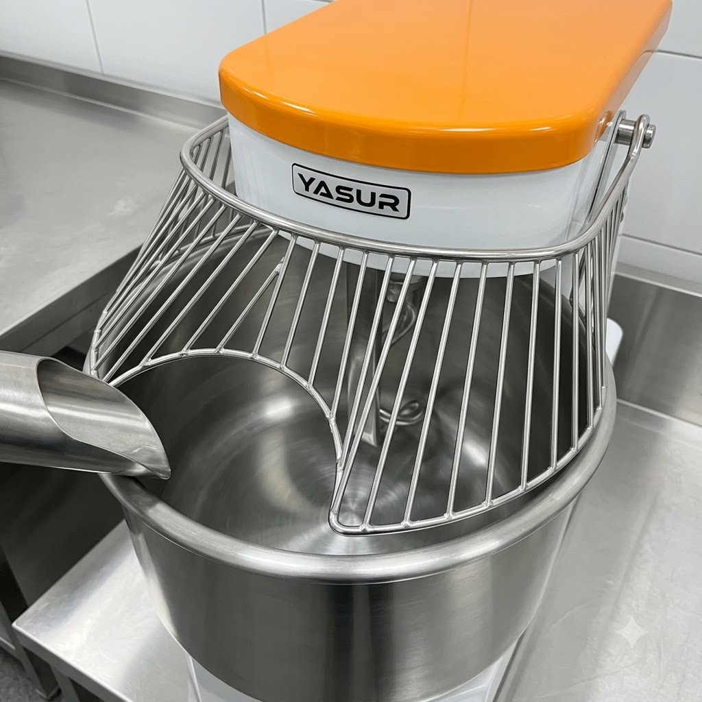 The empty bowl and safety guard of a YASUR dough mixer during the hydration adjustment phase.