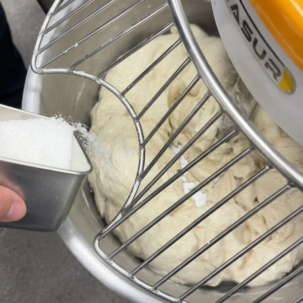 Fine salt being poured from a metal container through the safety guard into the mixing dough.