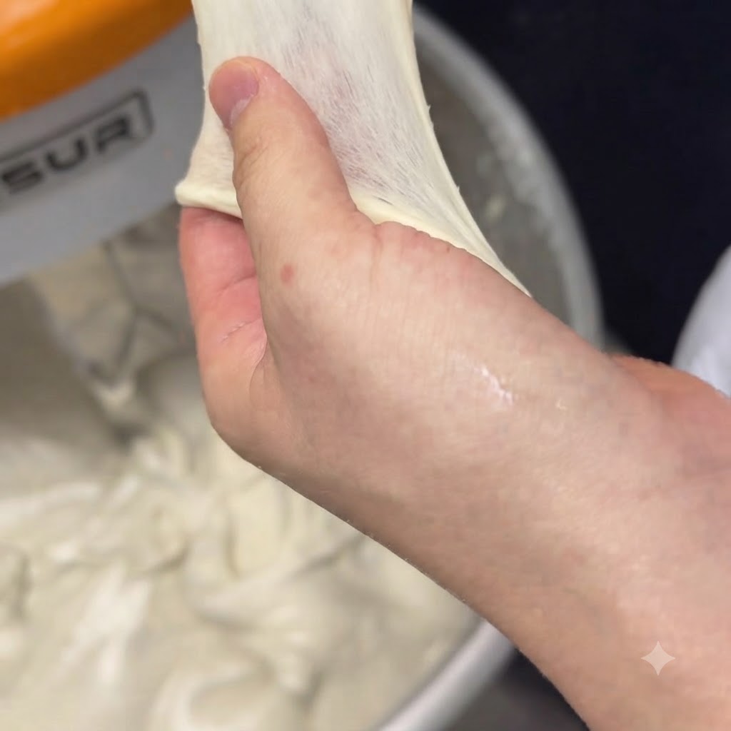 A hand stretching a thin, translucent sheet of pizza dough to test gluten development.
