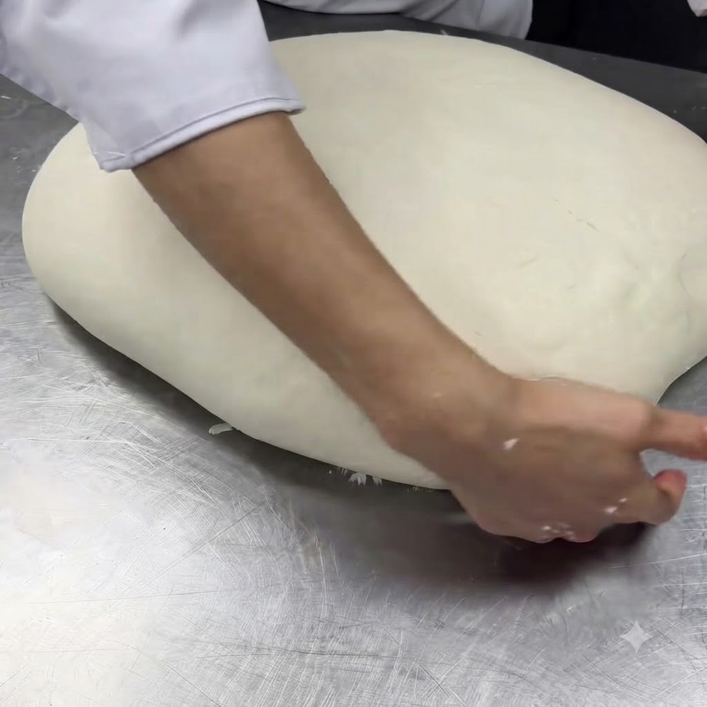 Chefs hands smoothing and rounding a large piece of dough on a stainless steel counter.