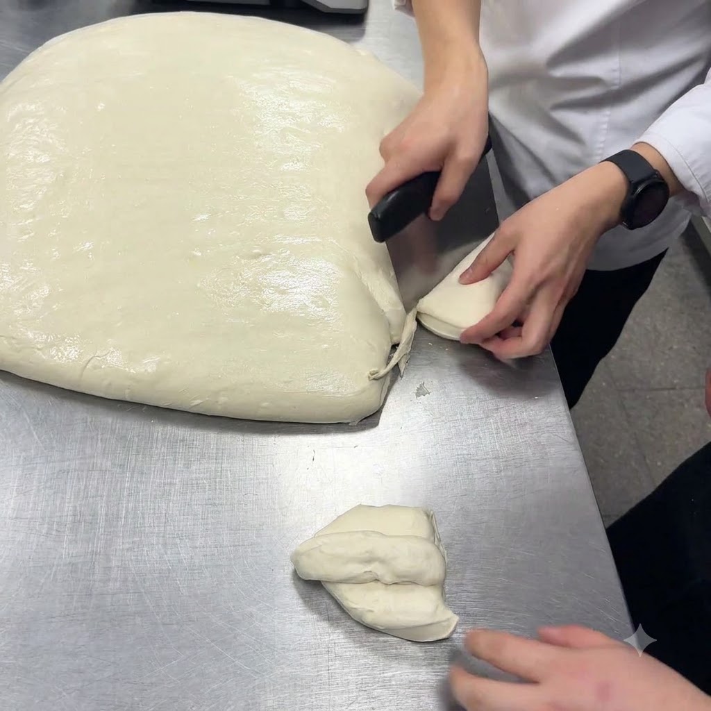 A bench scraper slicing through a large sheet of white pizza dough on a work table.