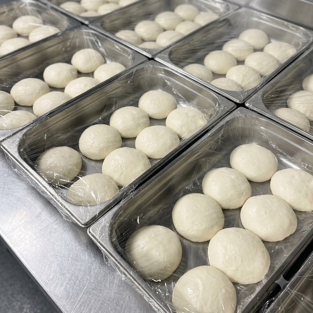 Multiple containers filled with uniform white dough balls covered in plastic wrap.
