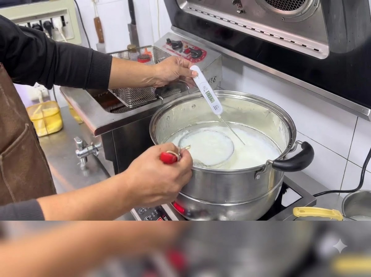 Milk heating in a large pot on a stove with a digital thermometer displaying the temperature.