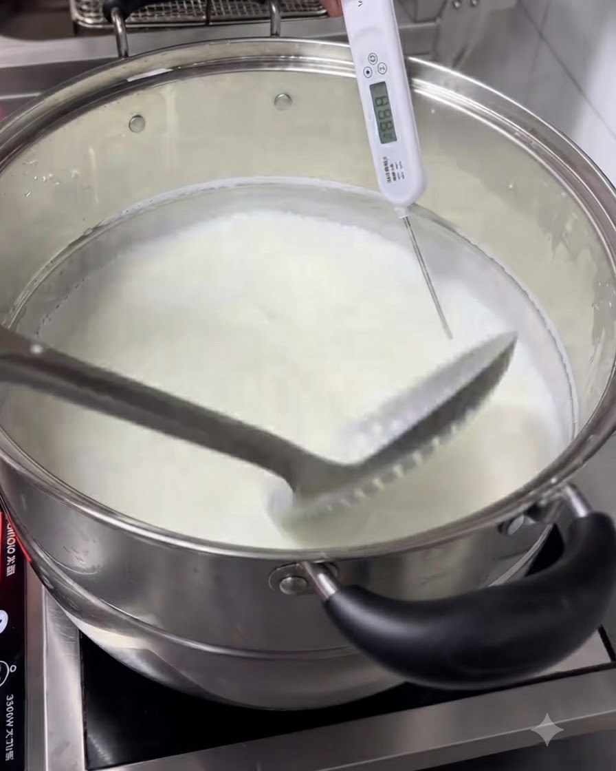 Fresh lemon juice being poured from a measuring cup into a pot of warm milk.