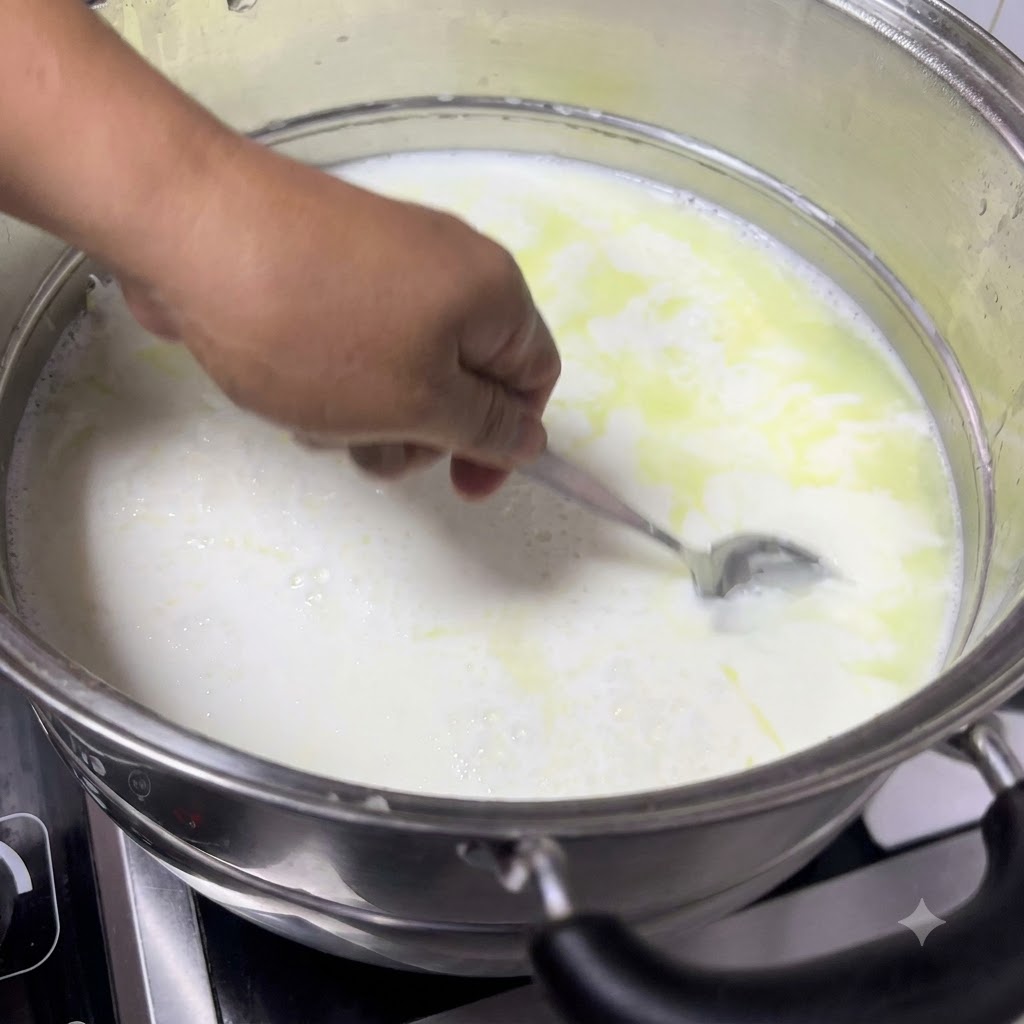 A spoon scooping curdled milk from the pot, showing soft white curds separating from the yellowish whey.