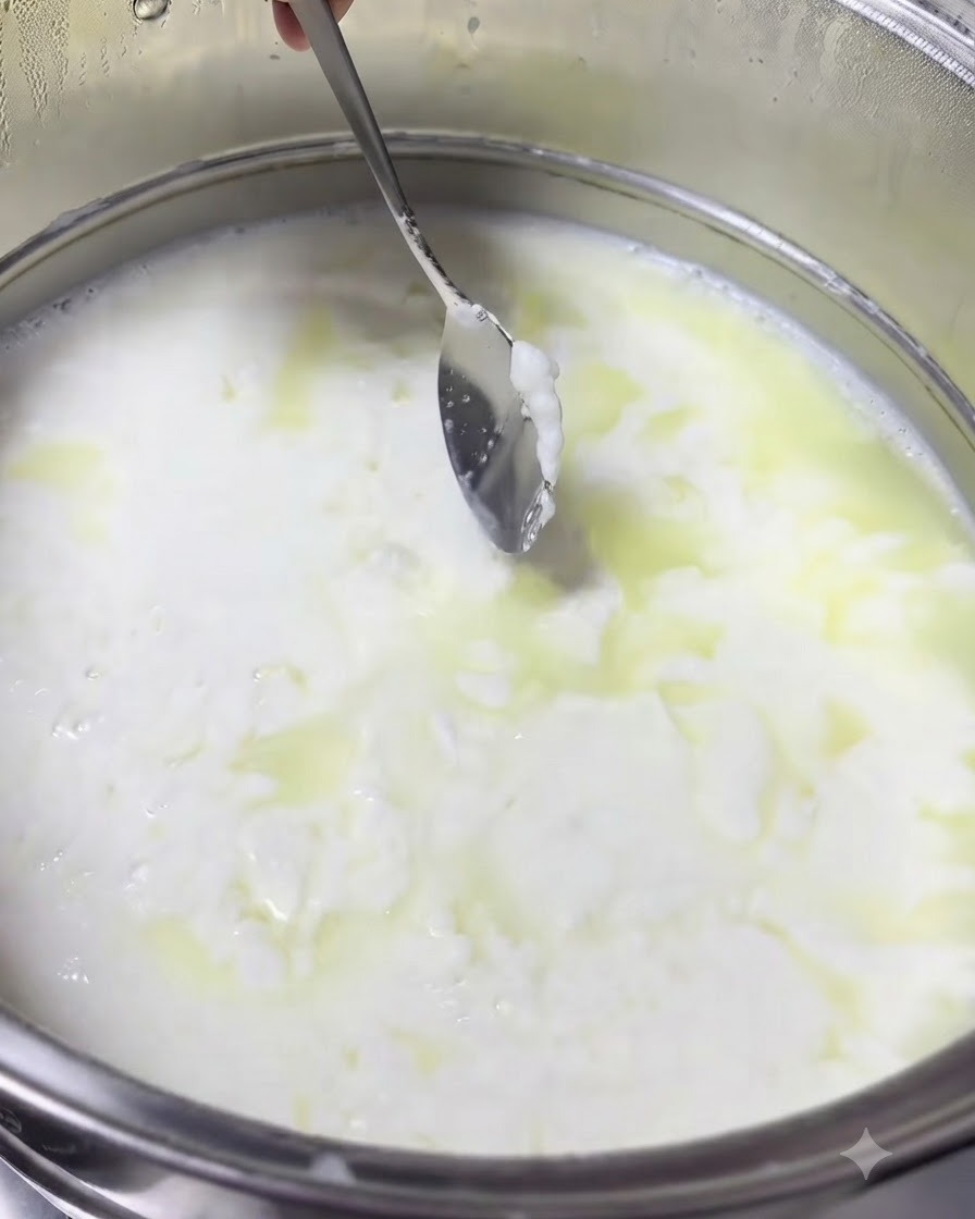 Hands holding a white cheesecloth filled with milk curds over a pot to strain the liquid whey.