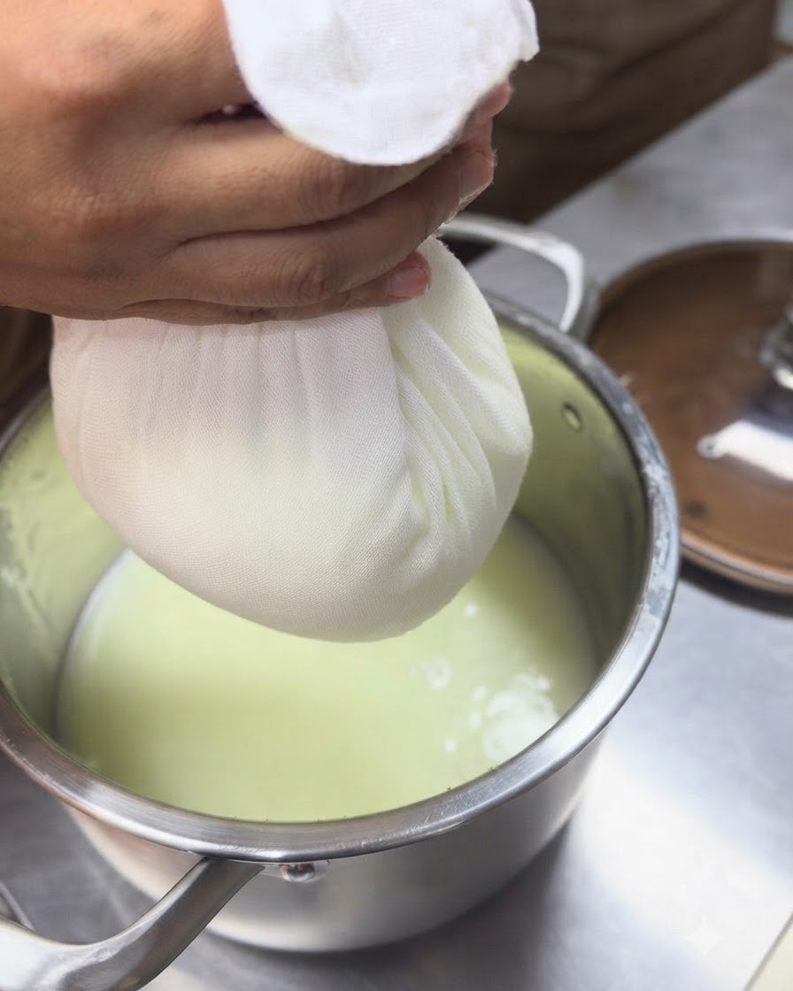 A tied-up cheesecloth hanging and draining whey into a metal pot below.