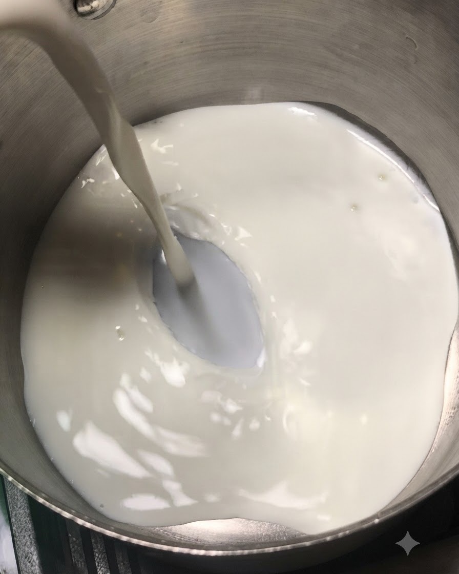 Milk and heavy cream being poured into a stainless steel saucepan on a stovetop.