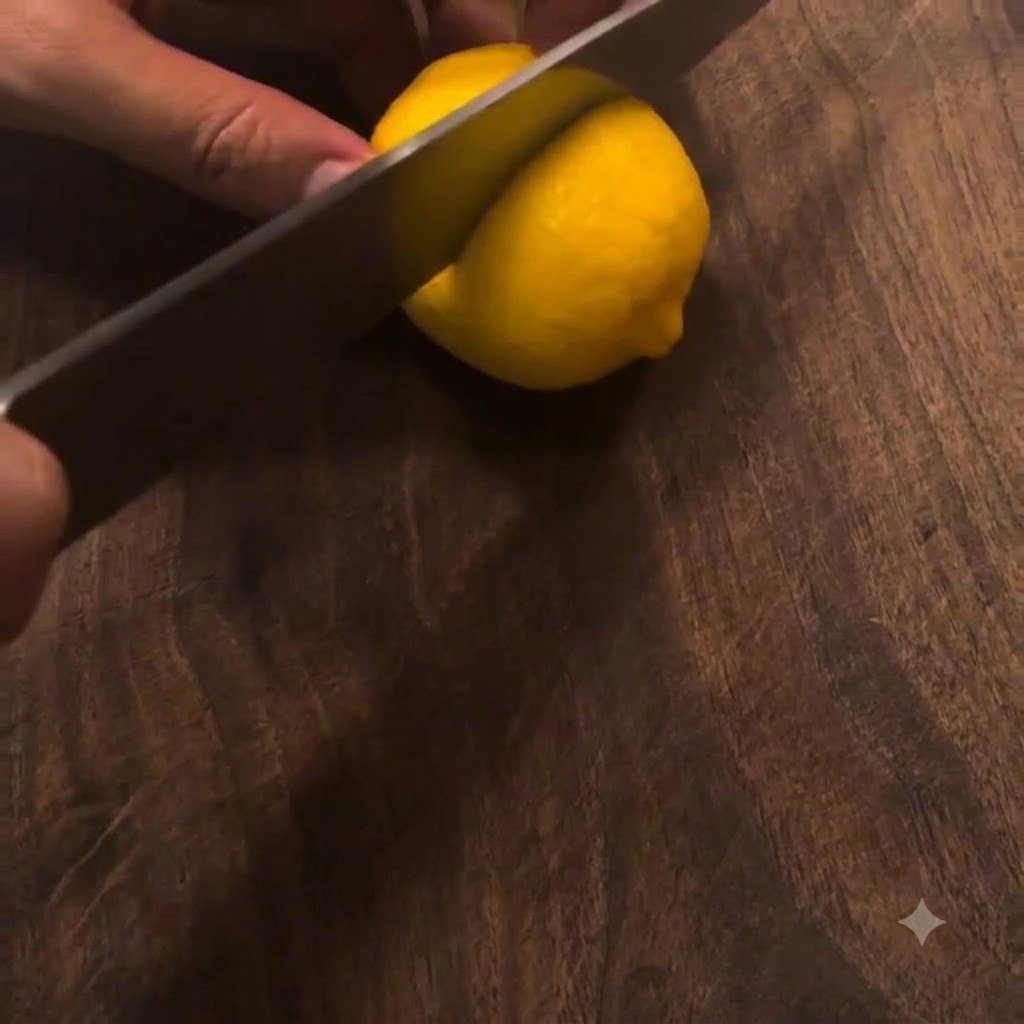 A sharp knife cutting a fresh yellow lemon in half on a wooden cutting board.