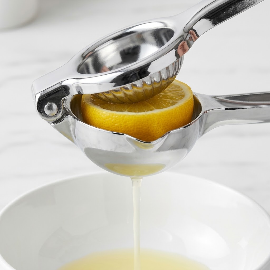 A lemon half being squeezed with a stainless steel citrus squeezer, releasing juice into a white bowl.