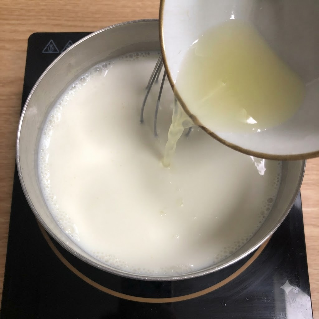 Freshly squeezed lemon juice being poured from a small bowl into a pot of warm milk while whisking.