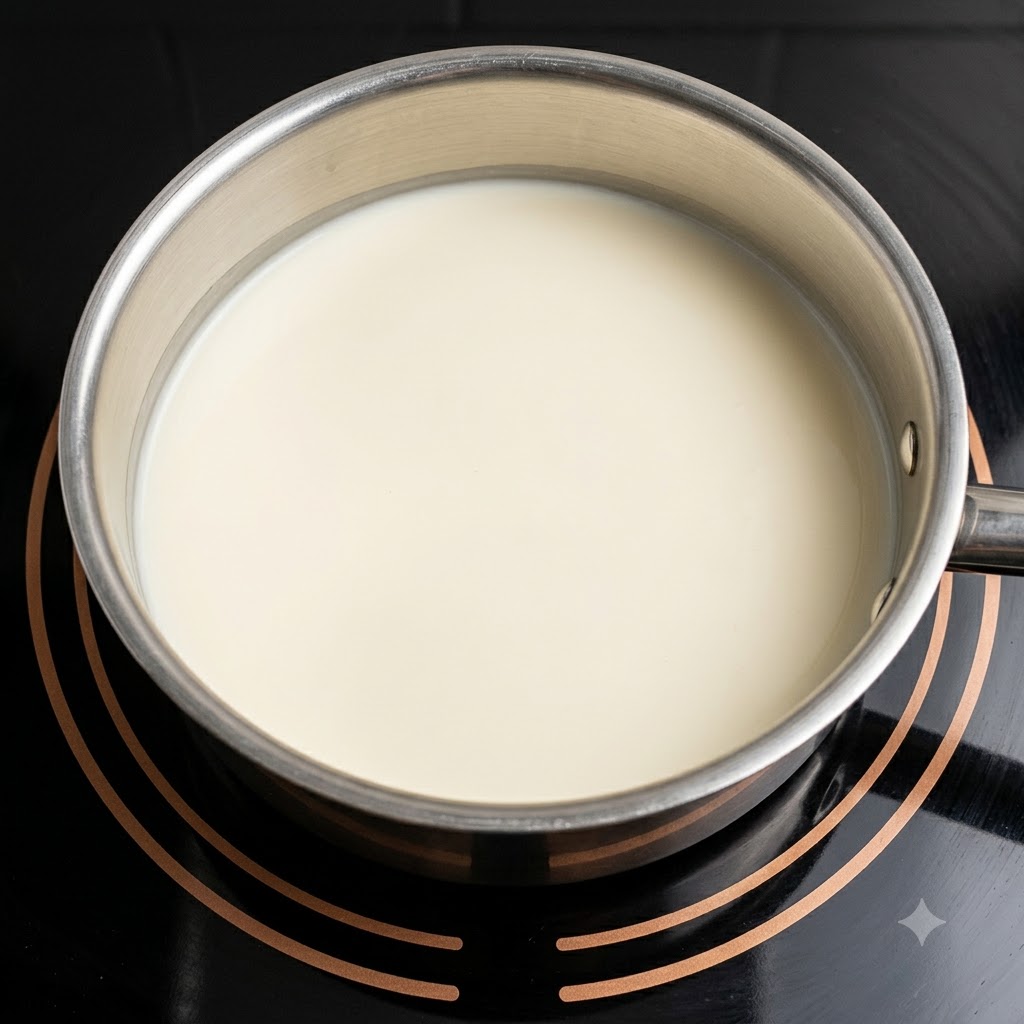 The curdled milk mixture resting in a saucepan after sitting off the heat.