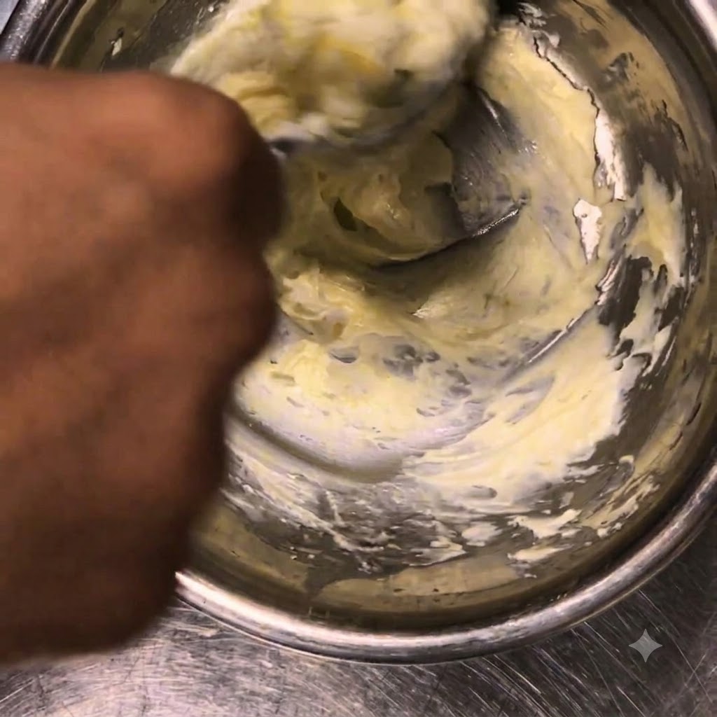 Hand using a spoon to stir and smooth out chilled ricotta cheese inside a metal bowl.