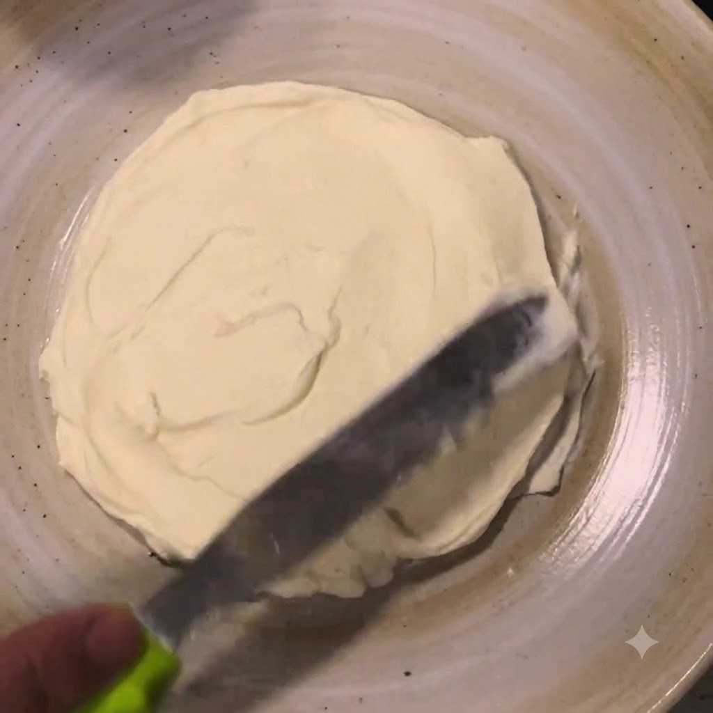 Homemade ricotta cheese being spread in a circular layer on a plate with a flat knife.