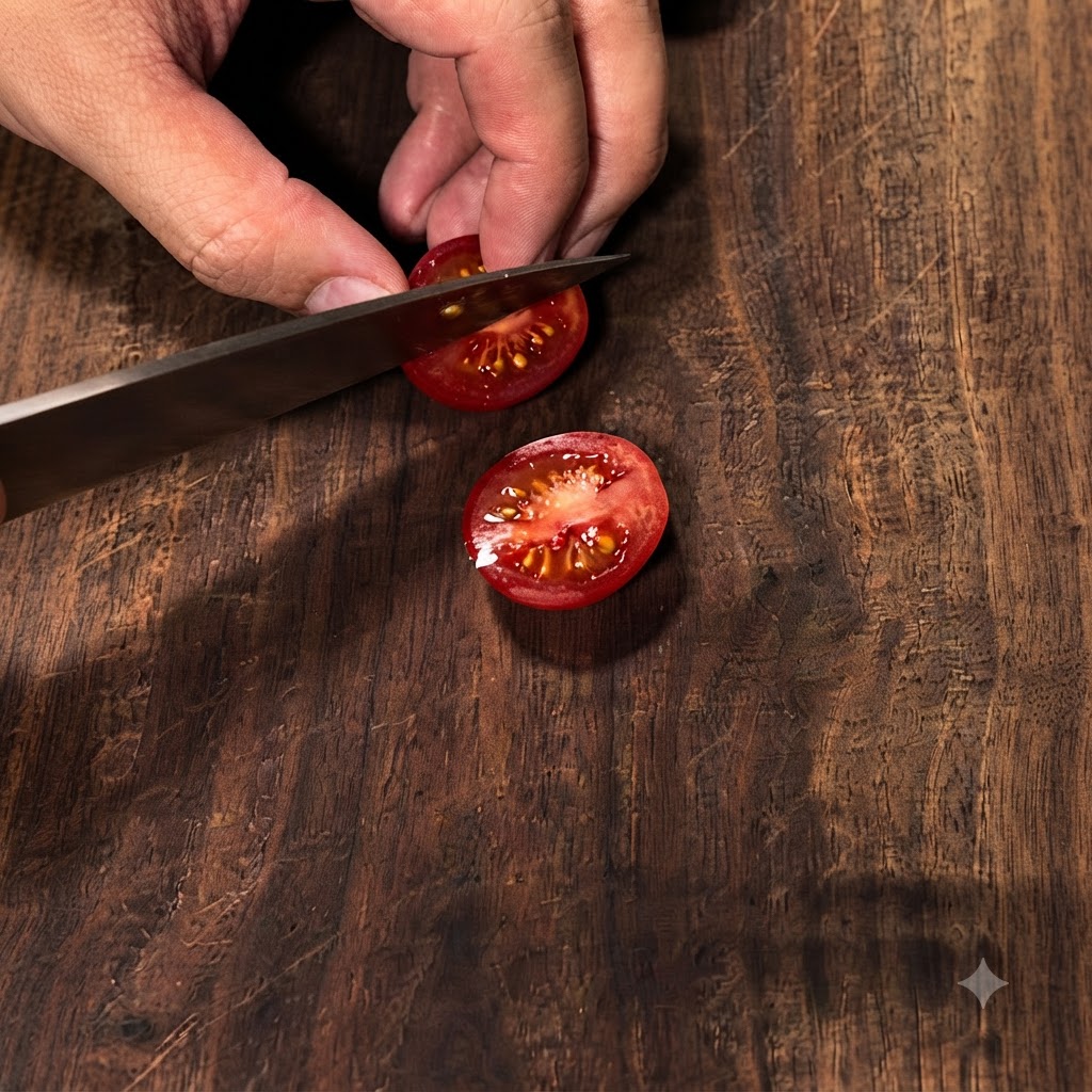Fresh cherry tomatoes being cut in half on a wooden cutting board using a knife.