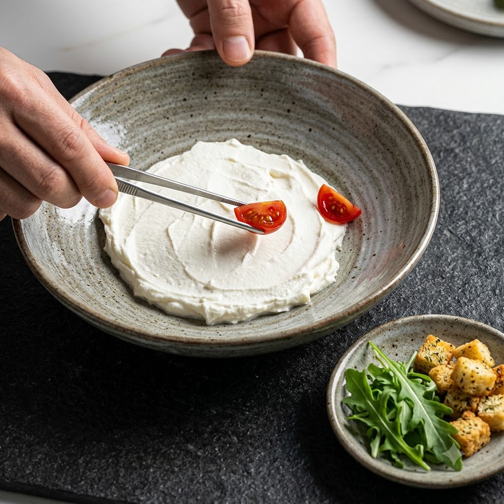 Fresh green arugula leaves being placed in a circle around the edge of the ricotta cheese spread in a bowl.