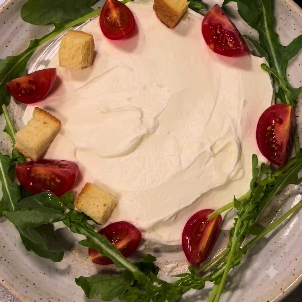 Toasted bread croutons placed on top of the ricotta cheese alongside tomatoes and arugula.