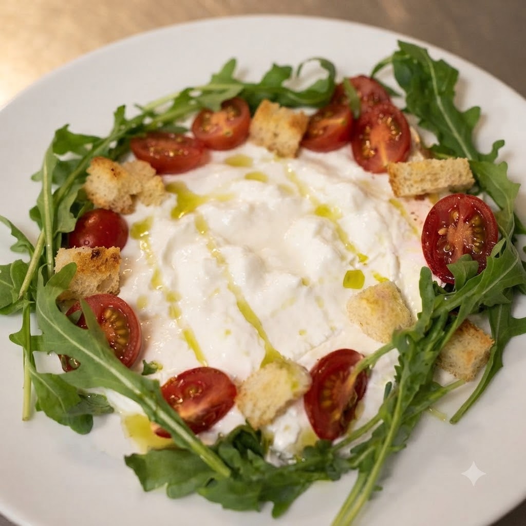 Dark balsamic vinaigrette and green basil oil drizzled over the plated ricotta and salad.
